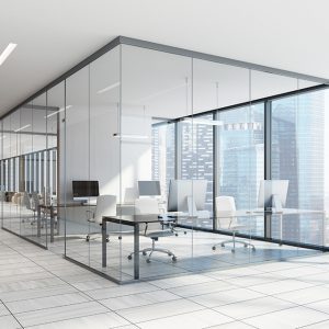 White and glass office interior with a white wooden floor, large windows with a cityscape and computer desk. 3d rendering